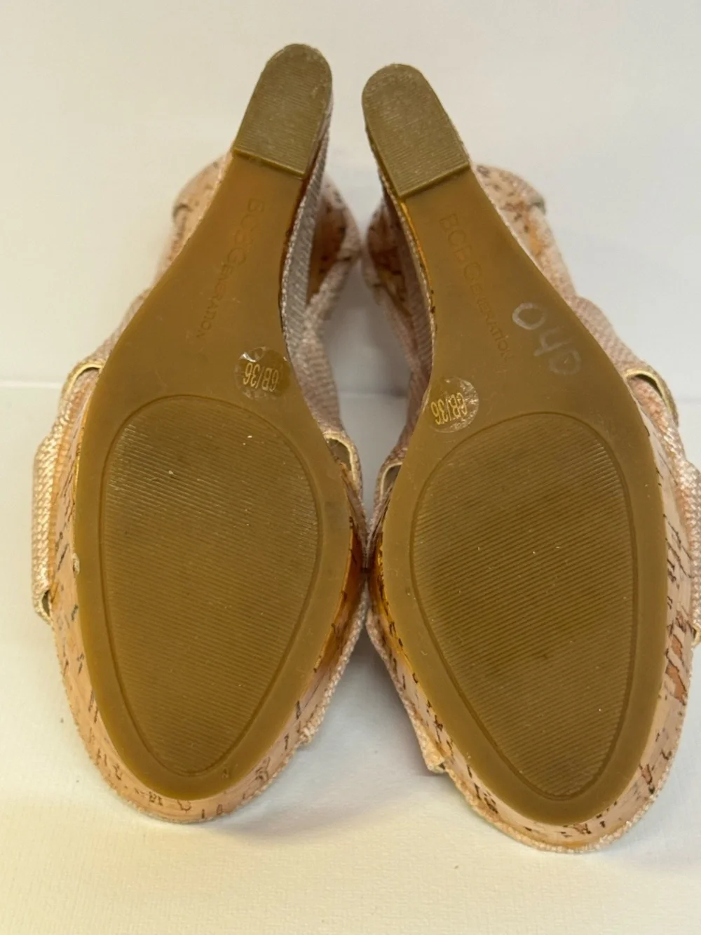 BCBGeneration Gold Linen Raffia Cork Wedge Sandals Size 6B